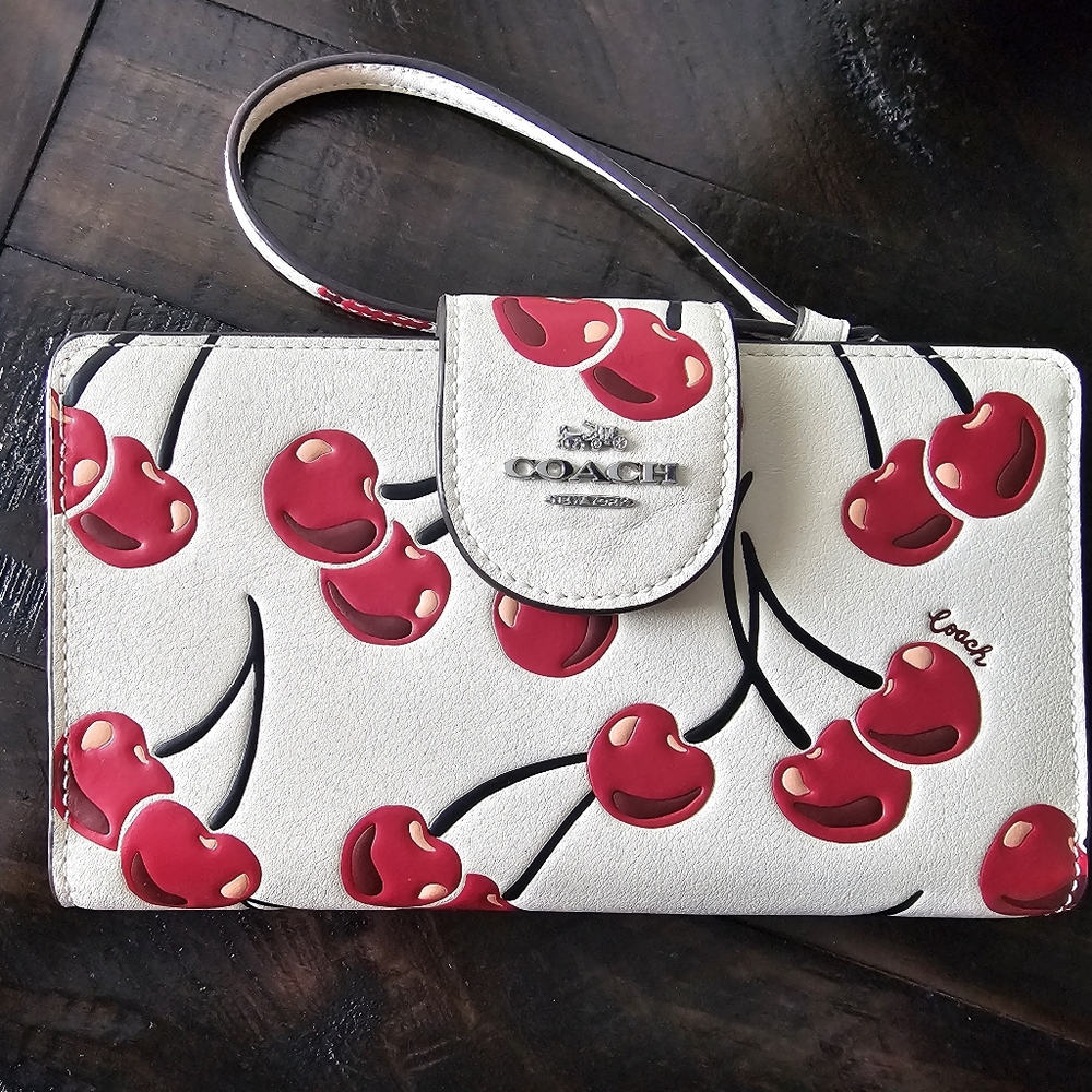 COACH White Cherry Print Phone Case Wristlet - Picture 3 of 15